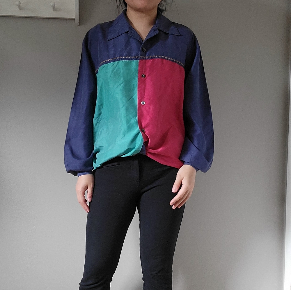 vintage 80s colorblock button front satin blouse L